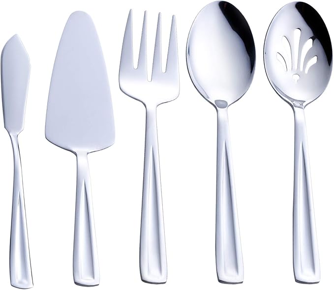 Hostess Serving Utensil Set, GoGeiLi 5-Piece Stainless Steel Flatware Silverware Serving Set, Include Pie Server, Serving Spoon, Slotted Serving Spoon, Serving Fork and Spreader Knife