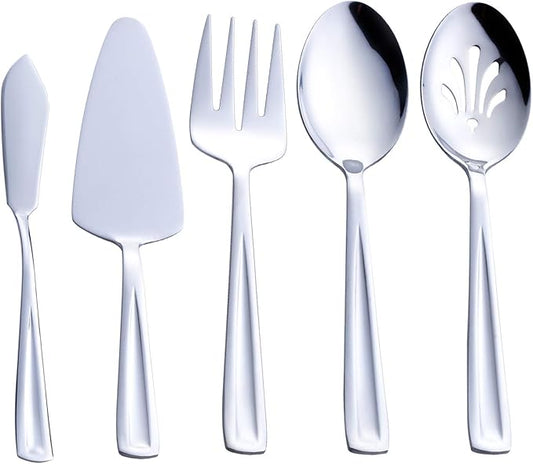 Hostess Serving Utensil Set, GoGeiLi 5-Piece Stainless Steel Flatware Silverware Serving Set, Include Pie Server, Serving Spoon, Slotted Serving Spoon, Serving Fork and Spreader Knife