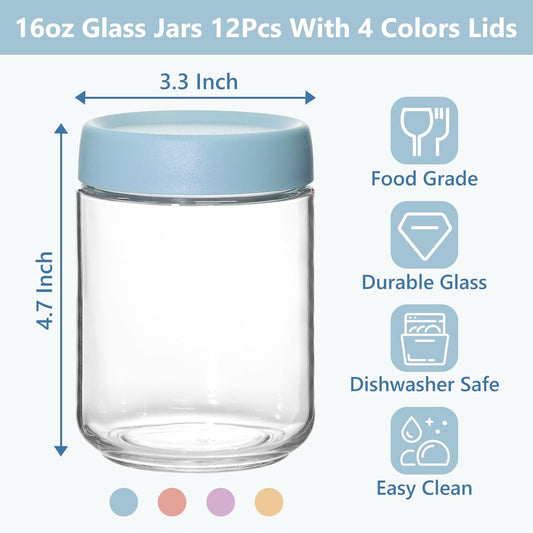 KEYWING 12 Pack Overnight Oats Containers With Lids, 16 oz Wide Mouth Mason Jars with Airtight Lids, Meal Prep Containers Food Storage Glass Jars in Bulk for Snack Yogurt Salad Spice Cereal