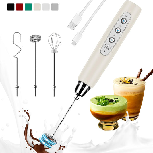 Milk Frother Handheld Rechargeable, Frother Wand Drink Mixer Electric Whisk for Coffee, Detachable With 3 Stainless Whisks, Hand Mixer for Lattes, Cappuccino, Matcha, Egg, No Stand, Beige