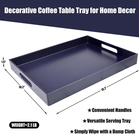 Navy Blue Serving Tray for Coffee Table, Rectangular Plastic Decorative Tray with Handles for Entertaining, Outdoor Patio, Living Room, Ottoman, Bathroom Counter, 11.8”*15.7”*1.6”