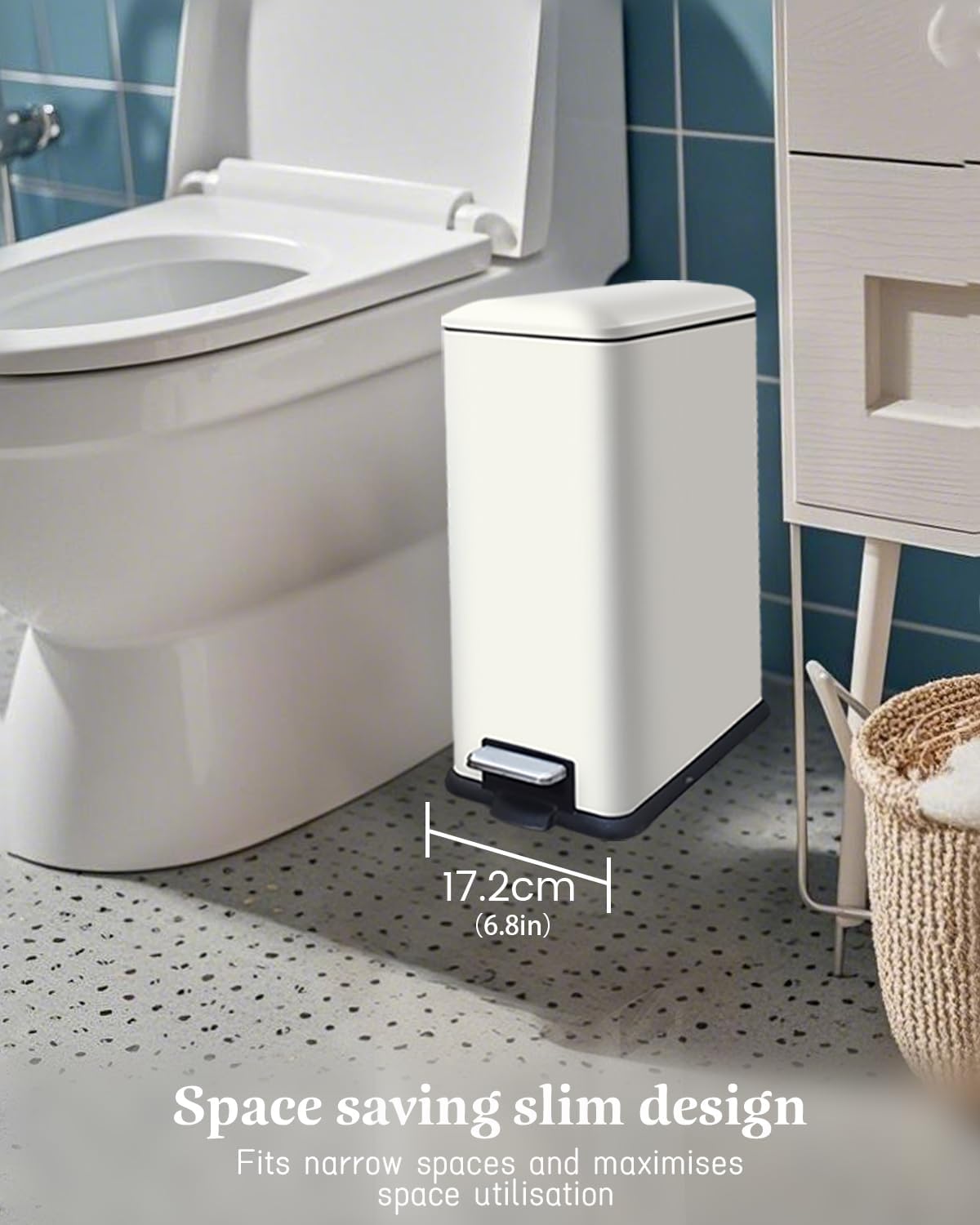 Trash Can with Lid, 10L Bathroom Waste Bin, Small Pedal Bin, Stainless Steel Garbage Can for Bathroom, Bedroom and Office, White