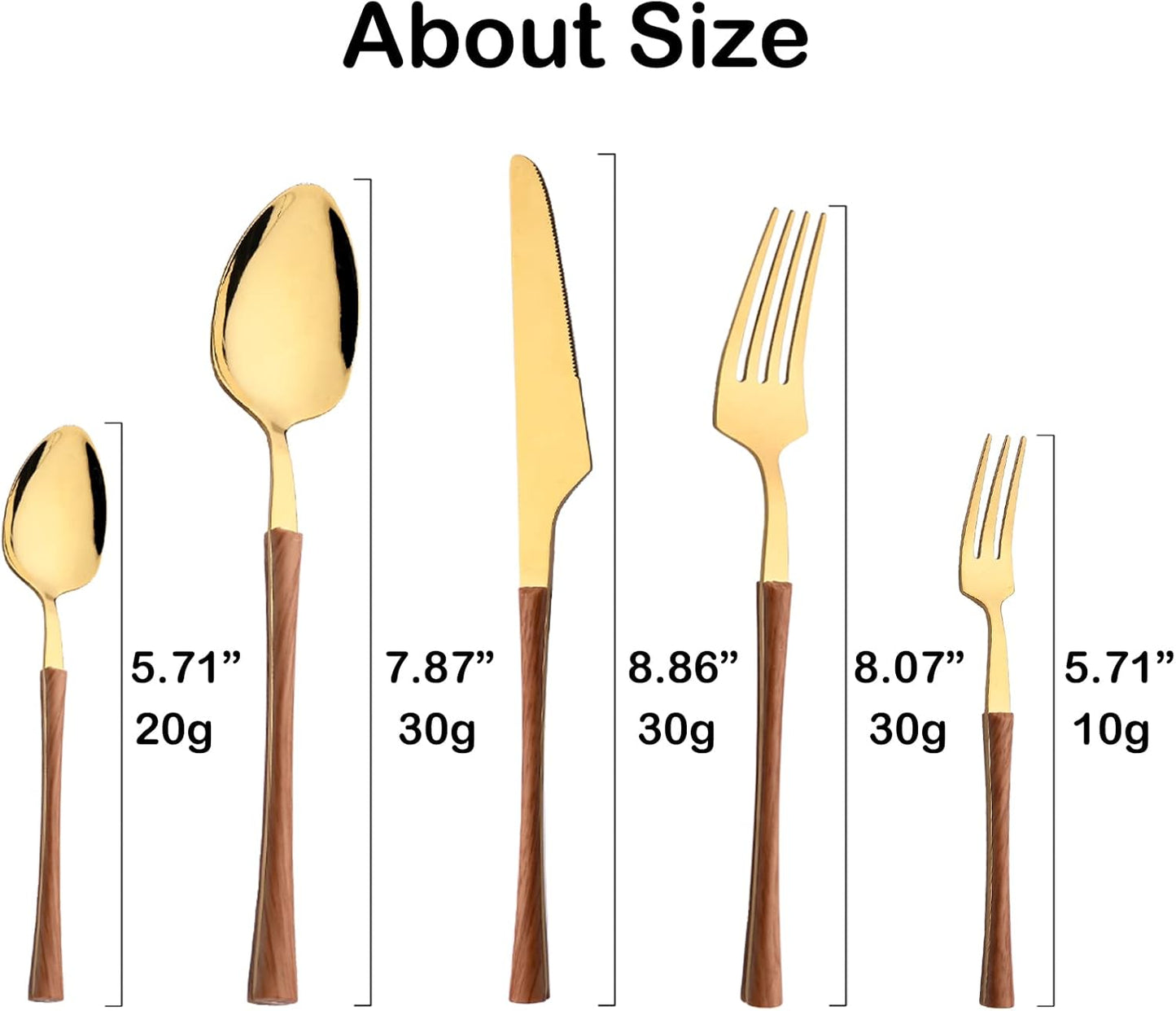 JASHII Wood Handle Flatware Set, 20 Pieces Stainless Steel Silverware Cutlery Set, Mirror Polished, Knife Fork Spoon Set, Dishwasher Safe - Small Waist Gold
