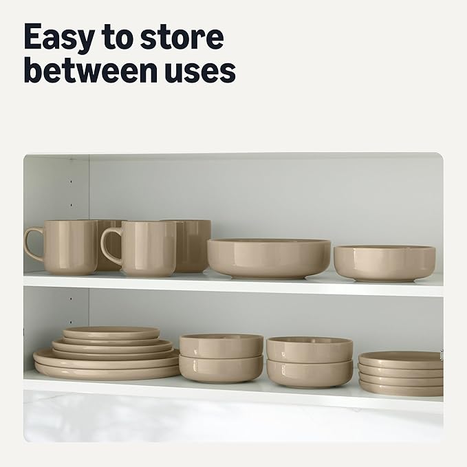 Amazon Basics Glazed Stoneware Dinnerware, Ceramic 12-Piece Set, 4 Full Place Settings, Dishwasher-Safe, Linen Gray