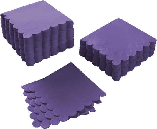 100 Pack Cocktail Napkin 2-Ply Scalloped Edged Dessert Napkins Folded 5 x 5 Inches Disposable Napkins for Dinner Wedding Birthday Party Bridal Anniversary Reception Event (Dark Purple)