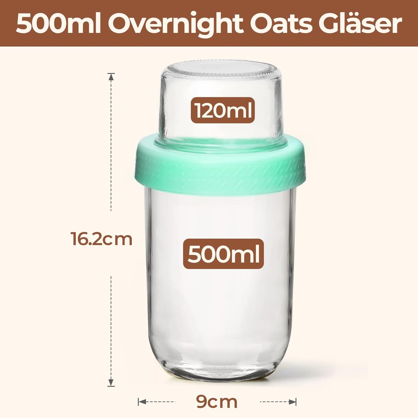 ComSaf 4-Pack 16 oz Overnight Oats Containers with Lids, Dual-Laryer Chia Pudding Jars with Dry and Wet Separation, Yogurt Parfait Cups for Oatmeal Cereal Nut Fruit, Meal Prep Glass Jars for Salad