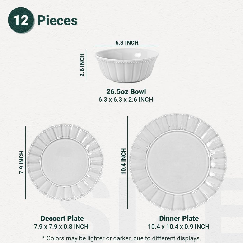 Dinnerware set, 12 Piece plates and bowls sets for 4, Ceramic Modern dish set for party, Porcelain dish set, House gift, Microwavable safe, Light Grey