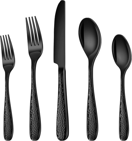 Hammered Silverware Set, Ollex 40-Piece Black Flatware Set for 8 Mirror Finish Stainless Steel Eating Utensils Sets Include Forks Spoons and Knives Tableware Kitchen Cutlery Sets, Dishwasher Safe