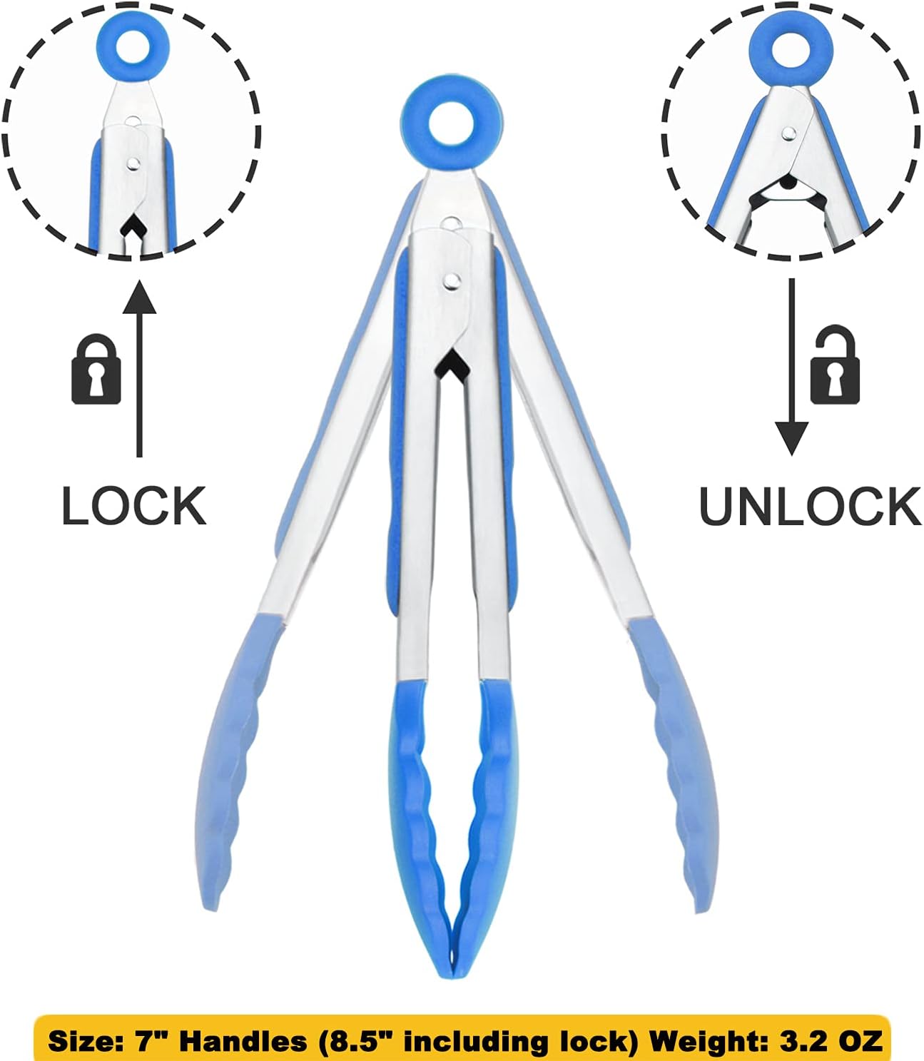 Small Tongs with Silicone Tips 7-Inch Serving Tongs, Set of 3 (Blue)