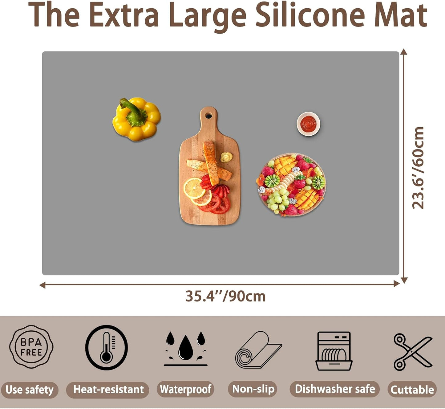 35.4''x23.6''(90cmx60cm) Extra Large Silicone Mat for Kitchen Counter, 1.4MM Thick Non-Slip Heat Resistant Countertop Protector, Waterproof Kitchen Mat for Countertops, Islands (Semitransparent)