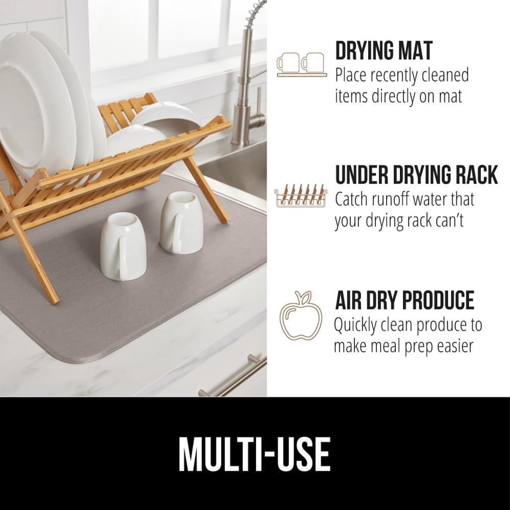 GORILLA GRIP Ultra Water Absorbent Microfiber Dish Drying Mat, 18x32, Quick Dry Thick Mesh, Slip Resistant Pad for Sink Dishes or Under Rack, Kitchen Counter Accessories, Machine Wash Mats, Almond