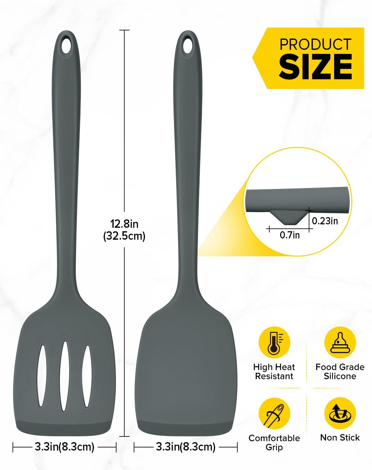 Pack of 2 Silicone Spatula Turners, Non Stick Slotted Kitchen Spatula Set, Heat Resistant BPA Free Kitchen Utensils, One-Piece Design, Suitable for Flipping Fish, Eggs, Steak, Pancakes(GRAY)