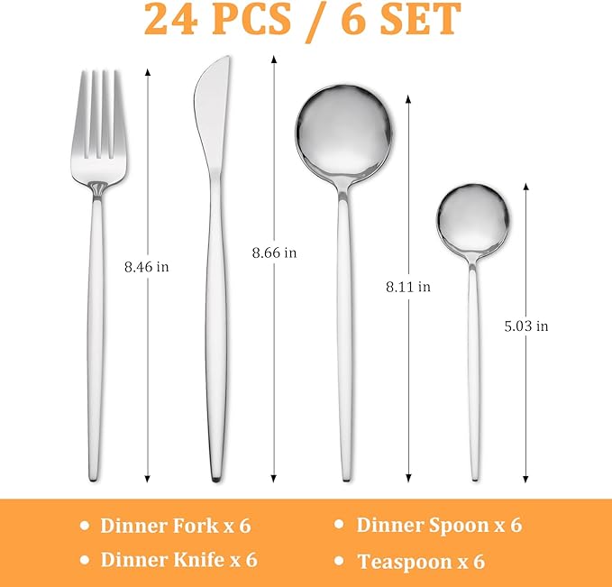 Meraki 24 Flatware Set Silverware Stainless Steel Flatware Utensils Cutlery Set Including Steak Knife Fork and Spoon for Home, Kitchen and Restaurant, Dishwasher Safe