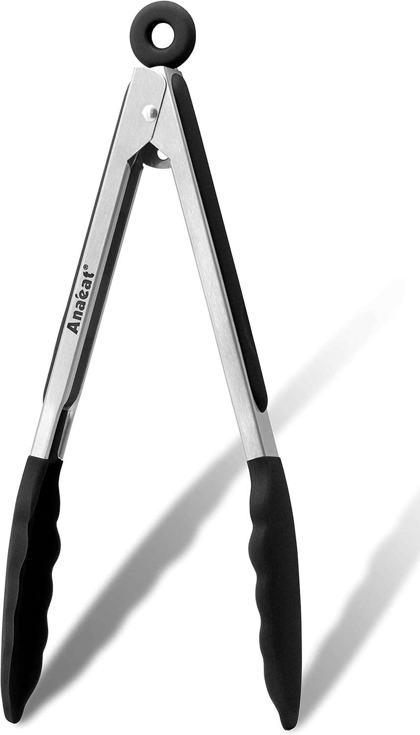 Anaeat Non-Stick Silicone Locking Tong - Stainless Steel 7" Mini Kitchen Food Tongs with Non-Slip Silicone Tips and Grip for Cooking, Baking and BBQ - Heat Resistant up to 480°F (Black)