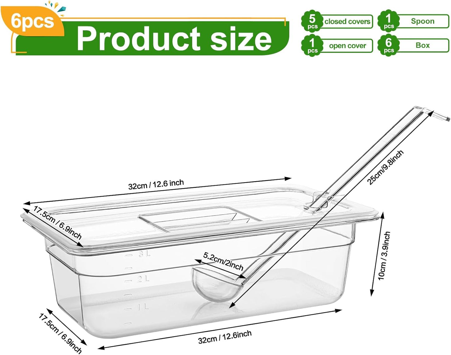 6 Pack Plastic Food Pans with Lids, 1/3 Size 4'' Deep Clear Commercial Stackable Polycarbonate Pans Hotel Food Storage Pan with 1 Pcs Spoon for Fruits Vegetables