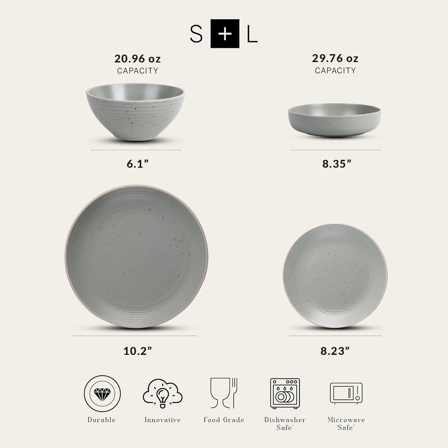 Stone Lain Lauren Stoneware, Rustic Plates and Bowls Set, Dinnerware, Service for 8, Speckled Green, Dishwasher & Microwave Safe, 32-Piece