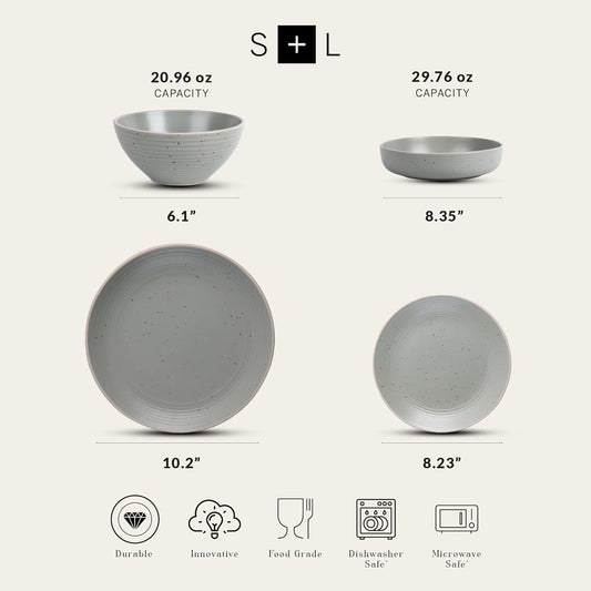 Stone Lain Lauren Stoneware, Rustic Plates and Bowls Set, Dinnerware, Service for 8, Speckled Green, Dishwasher & Microwave Safe, 32-Piece