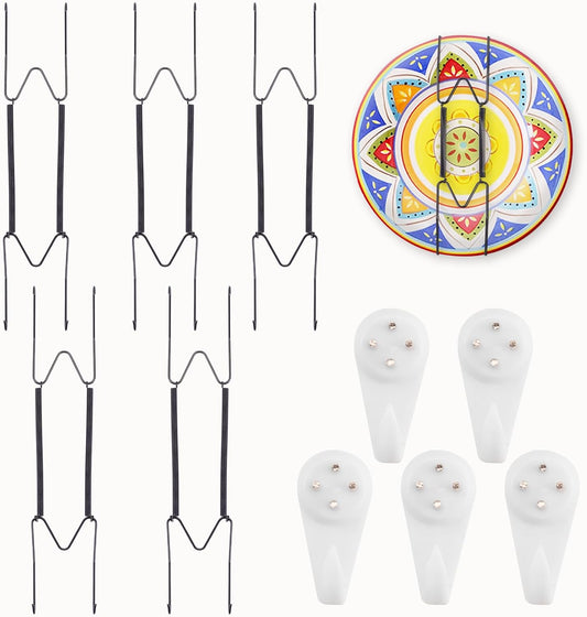 5 Pack Plate Hangers for The Wall Suitable for 10-14 inch Small Decorative Plate, Invisible Stainless Steel Plate Hangers for Display with Wall Hooks, for Plates/Platter/Dish/Picture(Black)