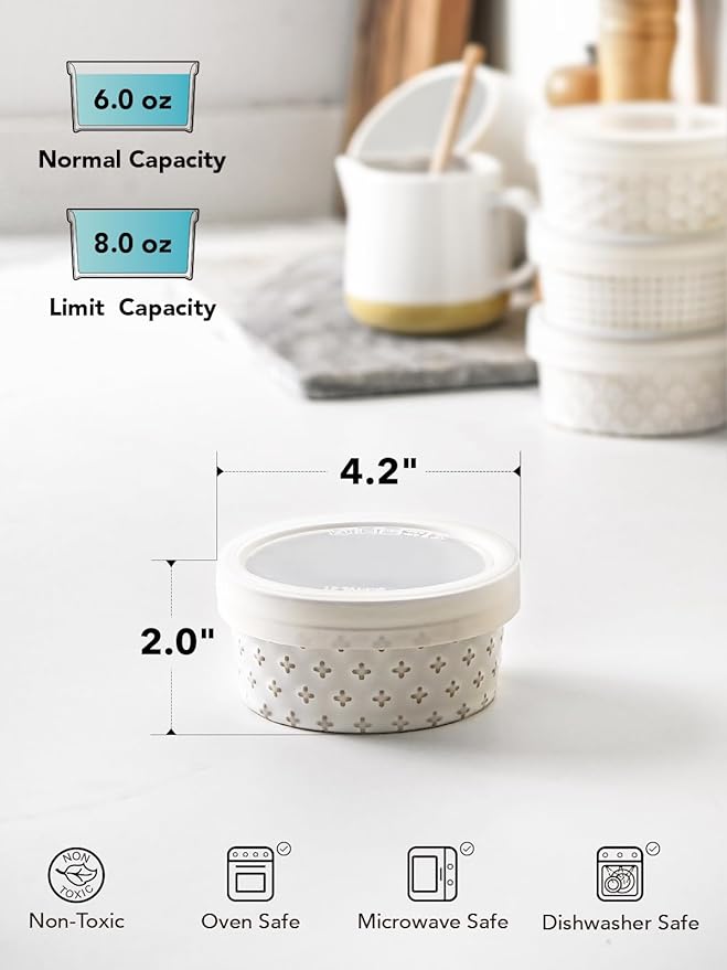 LE TAUCI Ramekins Oven Safe with Lids, 6 oz Ramikin Set for Creme brulee, Souffle, Dipping Sauces, Ceramic Food Storage Containers, Baking Dishes - 4.2 inch, Set of 4, Arctic White