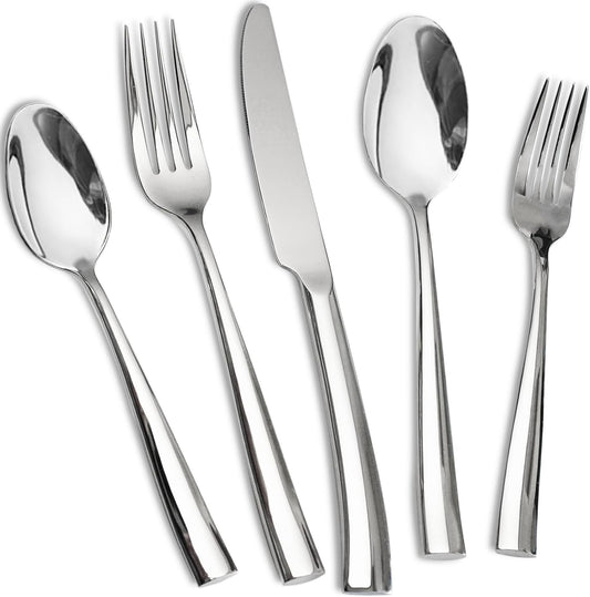 18/10 5-Piece Silverware Set, Glossy Flatware Set Stainless Steel, Modern Cutlery Set, Service for 1, Mirror Finish Dishwasher Safe