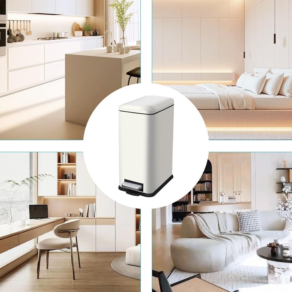 Bathroom Trash Can with Lid, 16.7L/ 4.4 Gallon Trash Can with Removable Inner Bucket, Soft Close lid, Stainless Steel Step Pedal Garbage Can for Bathroom, Kitchen, Home Office, White
