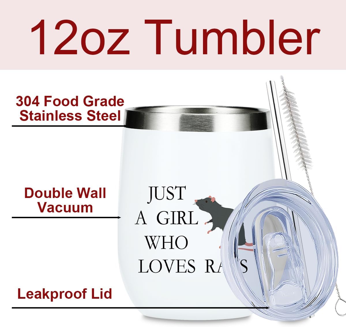 Cute Funny Rats 12 oz Tumbler, Wine Tumbler Insulated Wine Glass with Lid, Rat Gifts for Women Girls Rat Decor Stuff Merch for Friend Daughter Sister Bestie Animal Lover Friendship Christmas Birthday