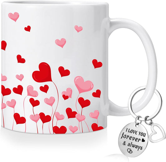 NOVWANG Valentines Day Coffee Mug, 12 OZ Love Heart Mug with Keychain Cute Valentines Day Gifts for Girlfriend Wife Boyfriend Husband Colorful Heart Saying Mugs for Anniversary Wedding