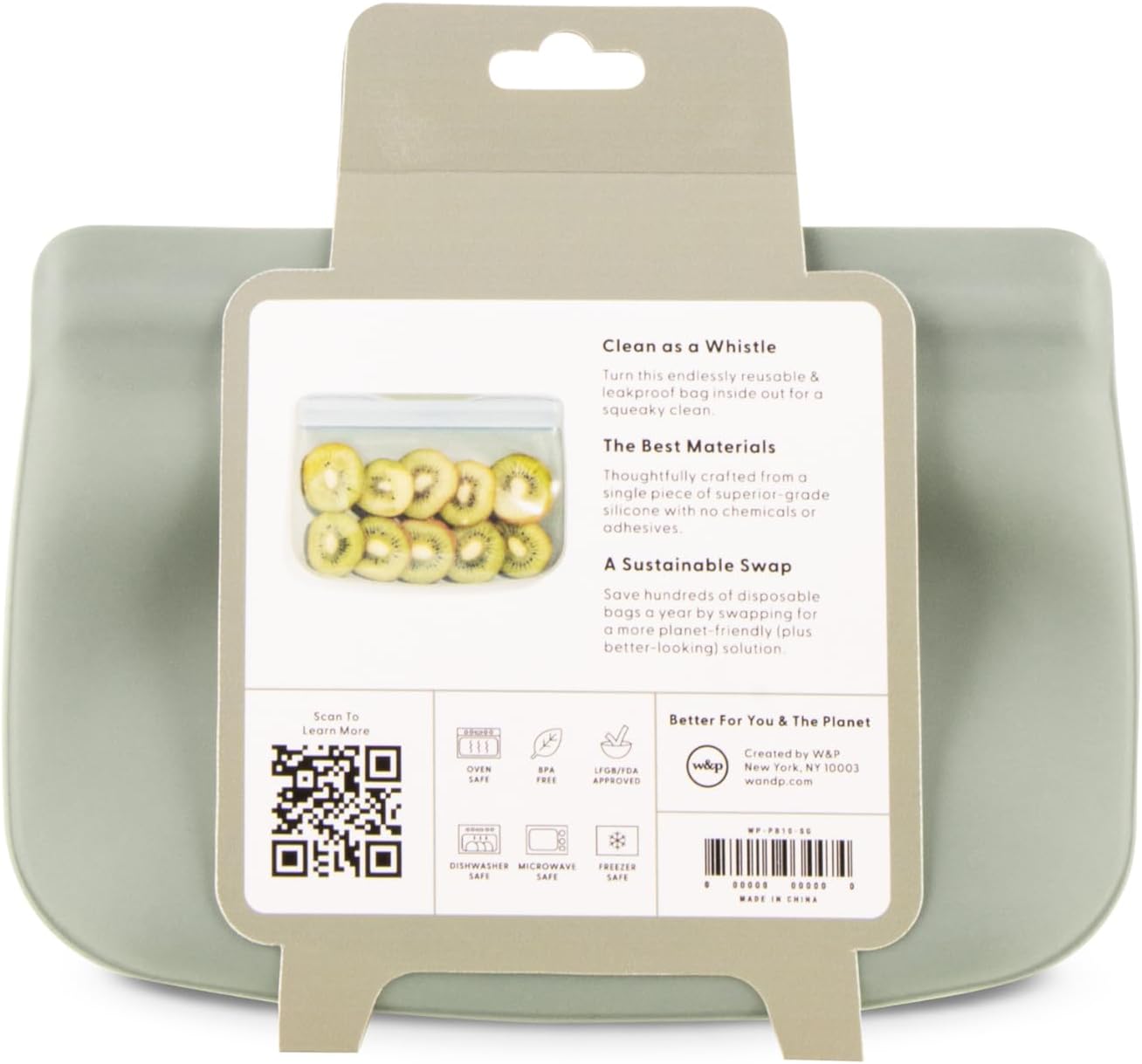 W&P Porter Silicone Reusable Storage Bag, Sandwich (10oz Flat), Sage, Food Storage Container, Microwave and Dishwasher Safe, Easy Cleaning