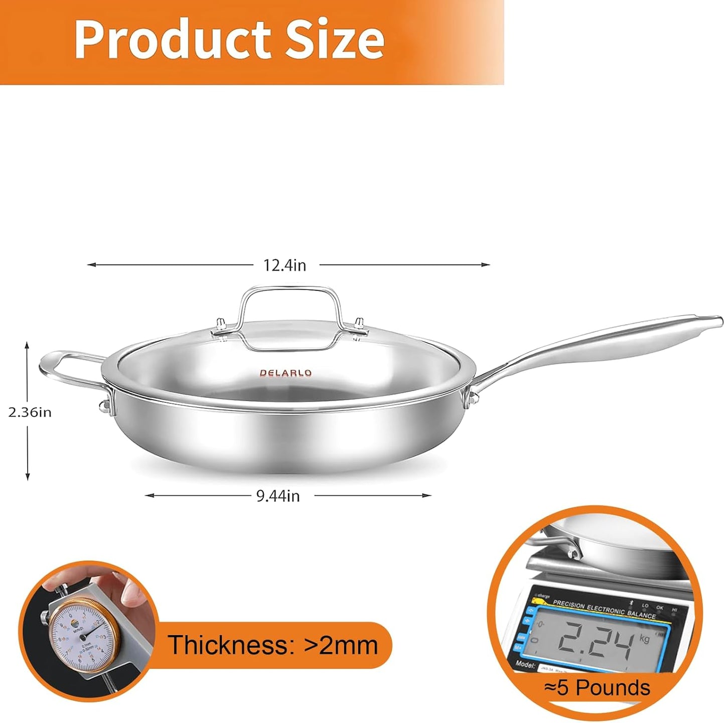 DELARLO Tri-Ply Stainless Steel Pan with Lid 12inch丨Compatible with All Cooktops Up to 600℉丨Stainless Steel Skillet 12 inch丨Heavy Duty丨Frying Pan with Lid丨18/10 Large Cooking Surface