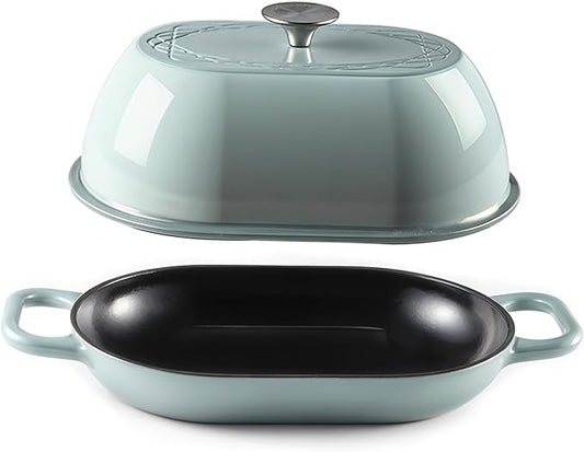 Enameled Cast Iron Dutch Oven for Professional Sourdough Bread Baking | 5.5 Quart Loaf Size Oval Cookware Pot with Lid | Triple-Layer Enamel Coating Pan with Non Stick Silicone Mat | Sea Salt