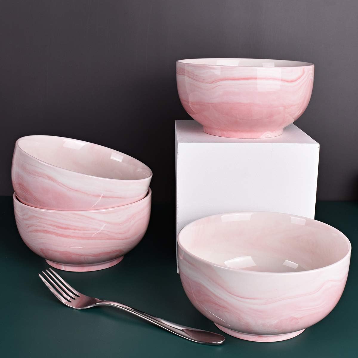 Bosmarlin Marbling Ceramic Soup Bowl Set of 4, 33 Oz, Dishwasher and Microwave Safe (33 Oz, A-Pink Marbling)