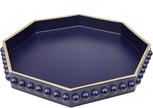 Navy Blue Octagonal Plastic Serving Tray for Coffee Table, Ottoman, Kitchen Counter, Living Room, Outdoor, Lacquered, Contemporary, 13x13x1.57 inches, Polypropylene