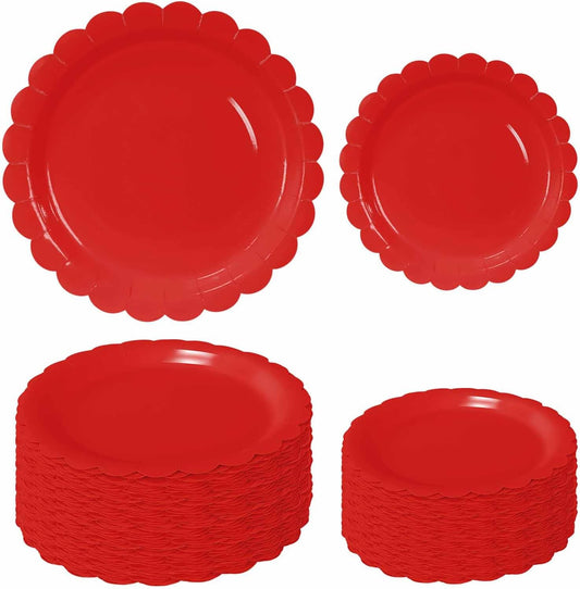 50 Pcs Red Scalloped Paper Plates 25 × 7'' and 25 × 9'' Disposable Red Scalloped Dinner Plates for Wedding Baby Shower Birthday Party Disposable Dessert Plate