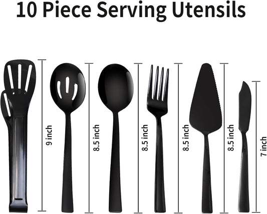 10 Piece Serving Utensils, Amafox Stainless Steel Utensils Set Include Large Spoons, Slotted Spoons, Forks,Appetizer Tongs 9'', Cake Server,Butter Knife, for Buffet Catering Banquet Party(Black)