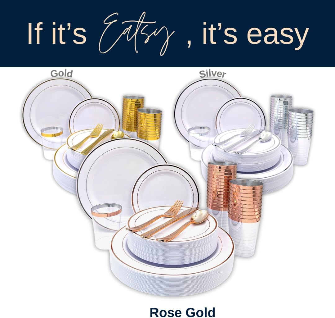 Tableware Dinnerware Set, Premium Heavyweight, Reusable or Disposable Party Plates, Includes Dinner Plate, Dessert Plate, Cutlery, and Cup (Rose Gold, 150-Piece Set, Serves 25 Guests)