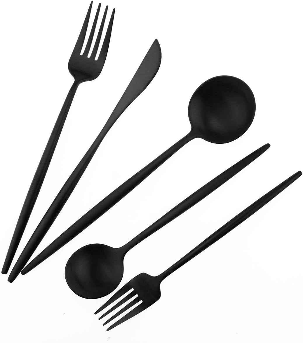 Matte Balck Silverware Set,Gugrida 5-Piece 18/10 Stainless Steel Satin Finish Flatware Set,Kitchen Utensil Set,Tableware Travel Cutlery Set for Camping Office or School Lunch, Dishwasher Safe