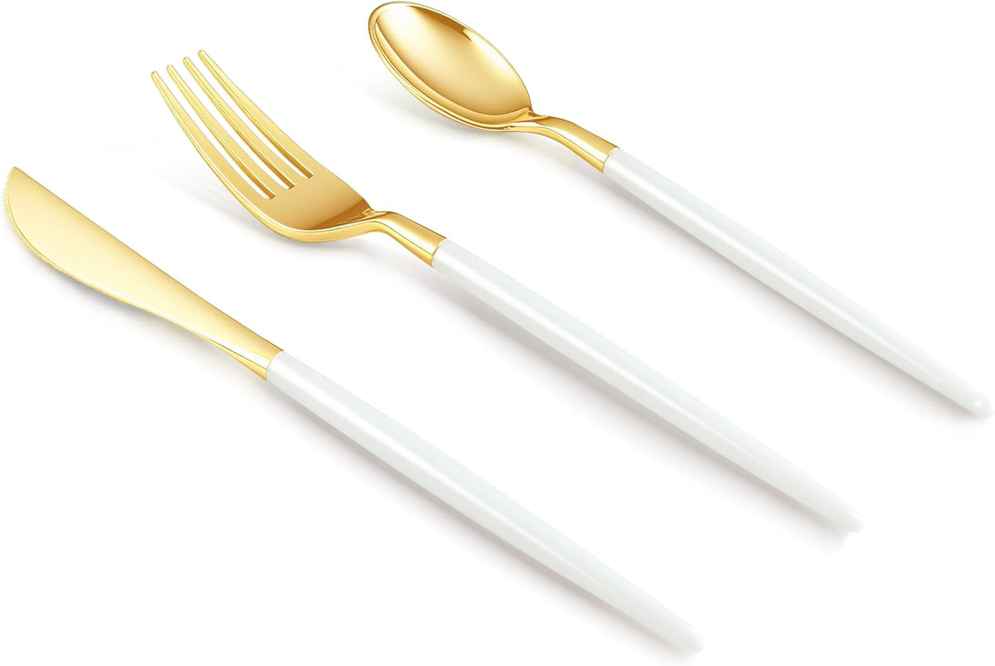 150 PCS White Gold Plastic Utensils for 50 Guests, Gold Disposable Silverware with 50 Knives, 50 Spoons and 50 Forks, BPA Free, Ideal for Weddings, Birthdays & Graduation