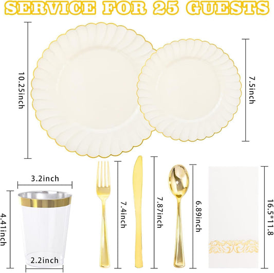 YOUBET 175PCS Ivory Scalloped Plastic Plates - Gold Disposable Dinnerware Set Include 50 Plates, 75 Gold Silverware, 25 Cups, 25 Napkins for Party & Wedding & Thanksgiving