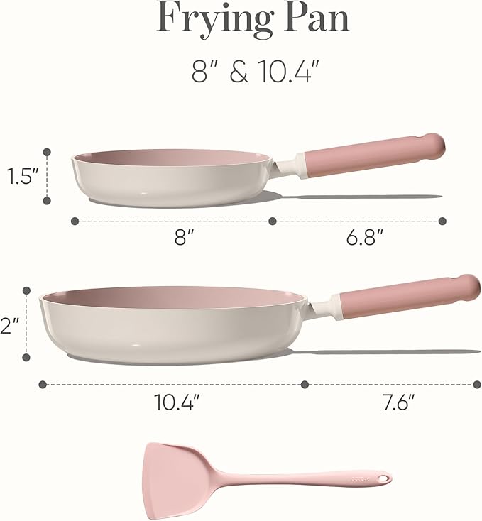 CAROTE 8'' and 10'' Nonstick Ceramic Frying Pans Skillet,NonStick Fry Pan Egg Pan Omelet Pans,Healthy & PFOA/PFAS Free, Induction-Compatible, Dishwasher Safe & Includes Silicone Spatula,Pink