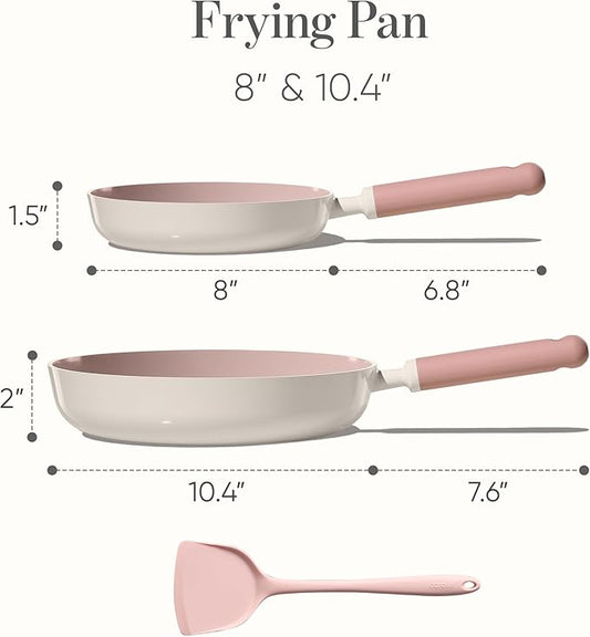 CAROTE 8'' and 10'' Nonstick Ceramic Frying Pans Skillet,NonStick Fry Pan Egg Pan Omelet Pans,Healthy & PFOA/PFAS Free, Induction-Compatible, Dishwasher Safe & Includes Silicone Spatula,Pink