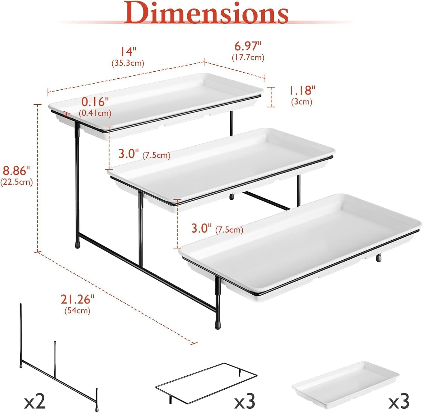 3-Tier Melamine Serving Tray Set, 14"x7" Platters for Serving Food, White Reusable Trays with Black Metal Display Stand for Cupcakes, Sevring Food, Dessert, Fruit, Cookie, Black