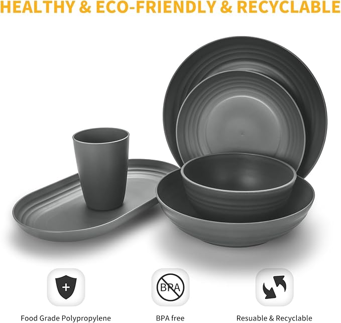 Lazycorner 48-Pcs Kitchen Wheat Straw Dinnerware Set, Service for 8, Plastic Reuasble Dinner Dishes Serving Plate Set for Kitchen, Including Dinner Plate, Dessert Plate, Bowl, Cup(Grey)