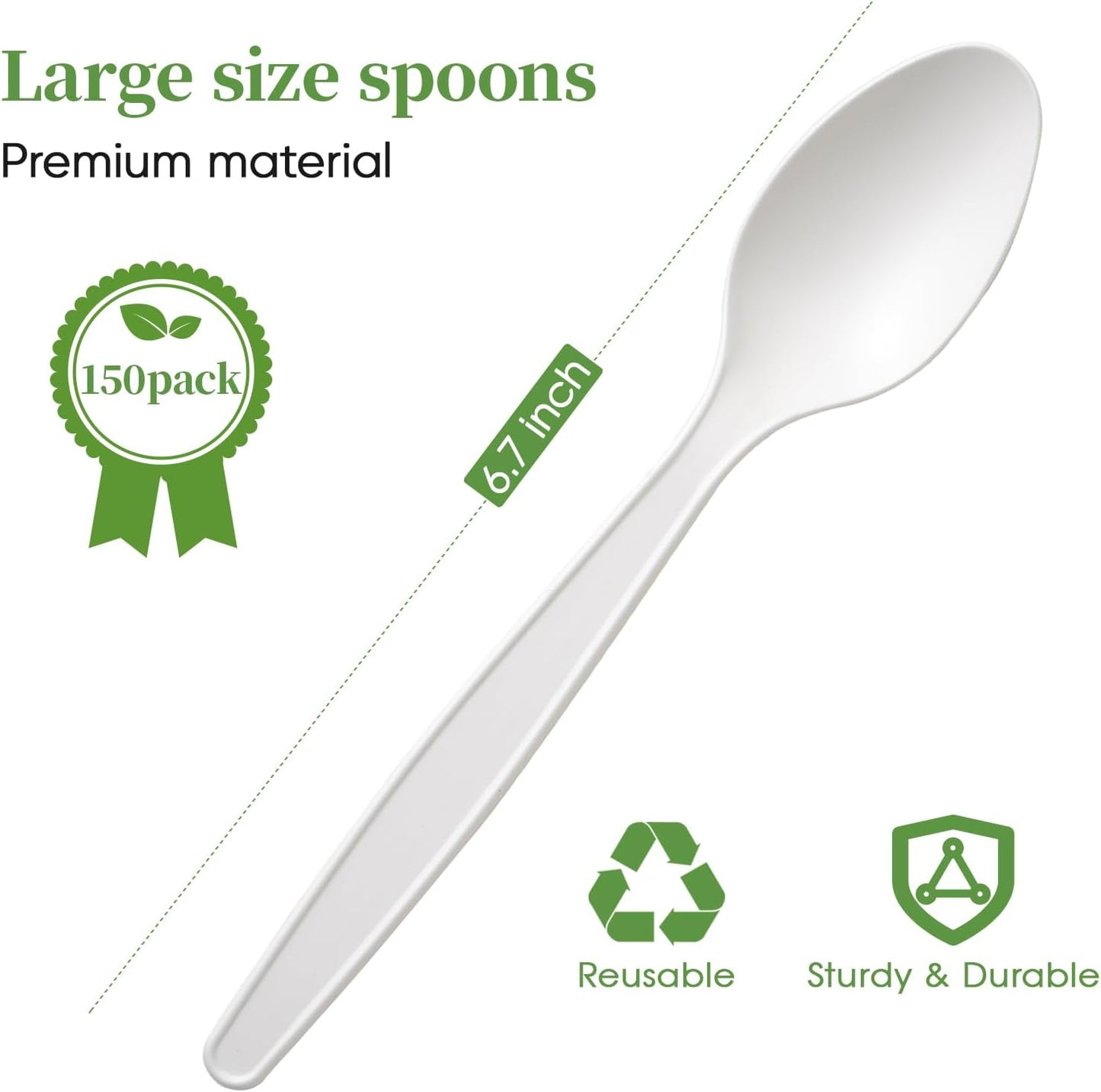 ECOLipak 150 Pcs White Disposable Spoons, 6.7 Inch Large Size Heavy Duty No Plastic Spoons for Party, BBQ, Picnic