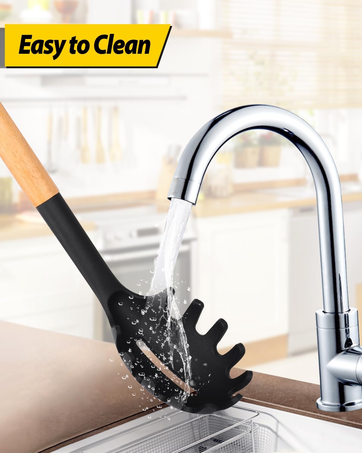 Silicone Pasta Fork and Ladle Spoon Set with Wooden Handle, Heat Resistant Non Stick Kitchen Utensils for Cooking, Stirring, Serving Spaghetti, Soup, Sauce(BLACK)