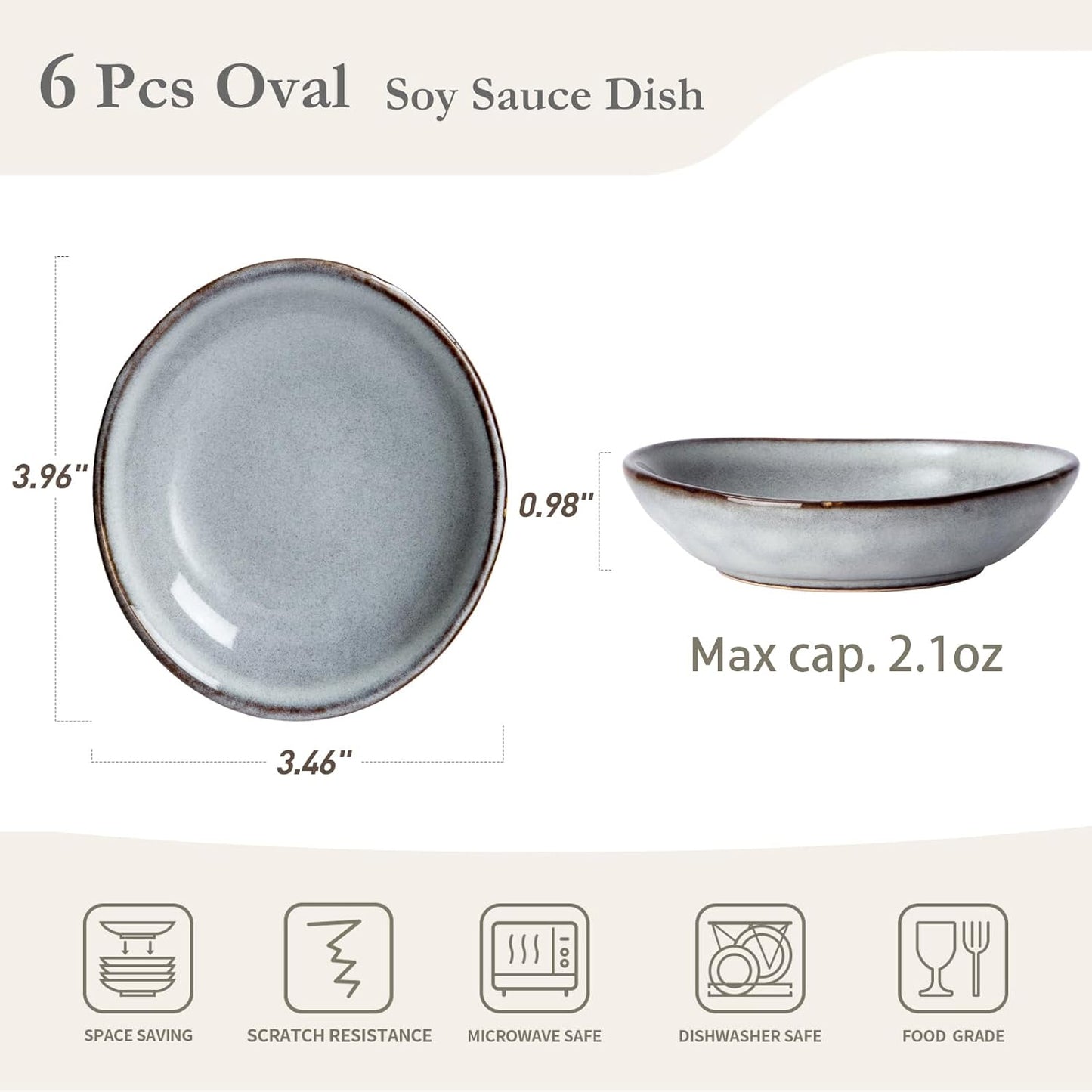 famiware Ocean Soy Sauce Dishes of 6, Oval Dipping Sauce Cups/Bowls/Dishes for Kitchen, 2.1oz Ceramic Small Bowls for Side Dish, Appetizers, Snacks, and Sushi, Reactive Glaze, Dishwasher Safe, Grey