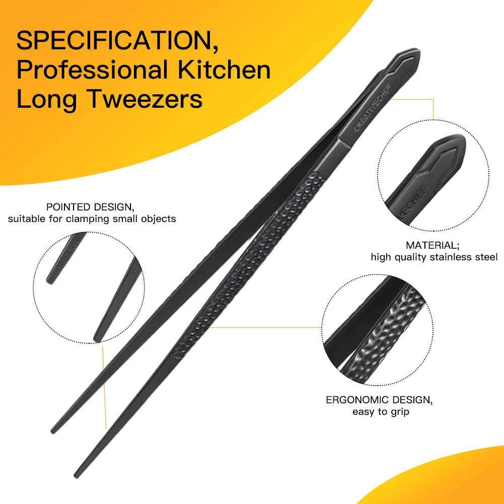 CREATIVECHEF Chef Tweezer Tongs, Professional Kitchen Tweezers, Precision Tweezer Tongs for Cooking, BBQ, Plating, Stainless Steel, Black (2)