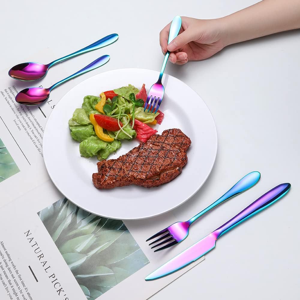 Iridescent Silverware Set Rainbow Flatware Service for 8 Stainless Steel Cutlery 40 Pieces Heavy Forks and Spoons Knives for Wedding Parties Resturant Everyday Use