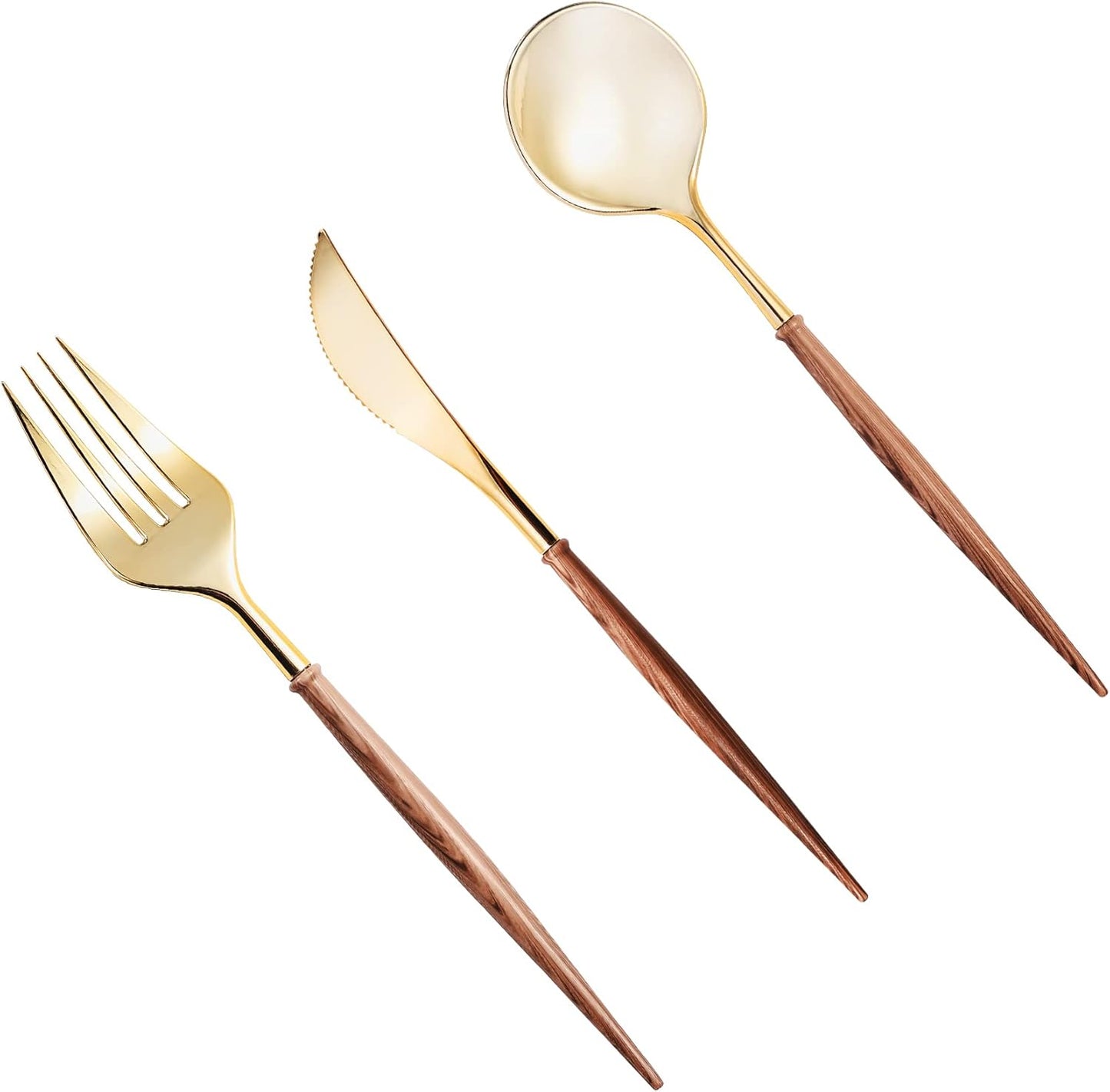 Lullaby 60pcs Gold Plastic Silverware, Gold Disposable Cutlery with Wood Grain Handle Include 20 Forks, 20 Spoons, 20 Knives, Elegant Disposable Silverware for Wedding, Party, Gathering, Daily Use
