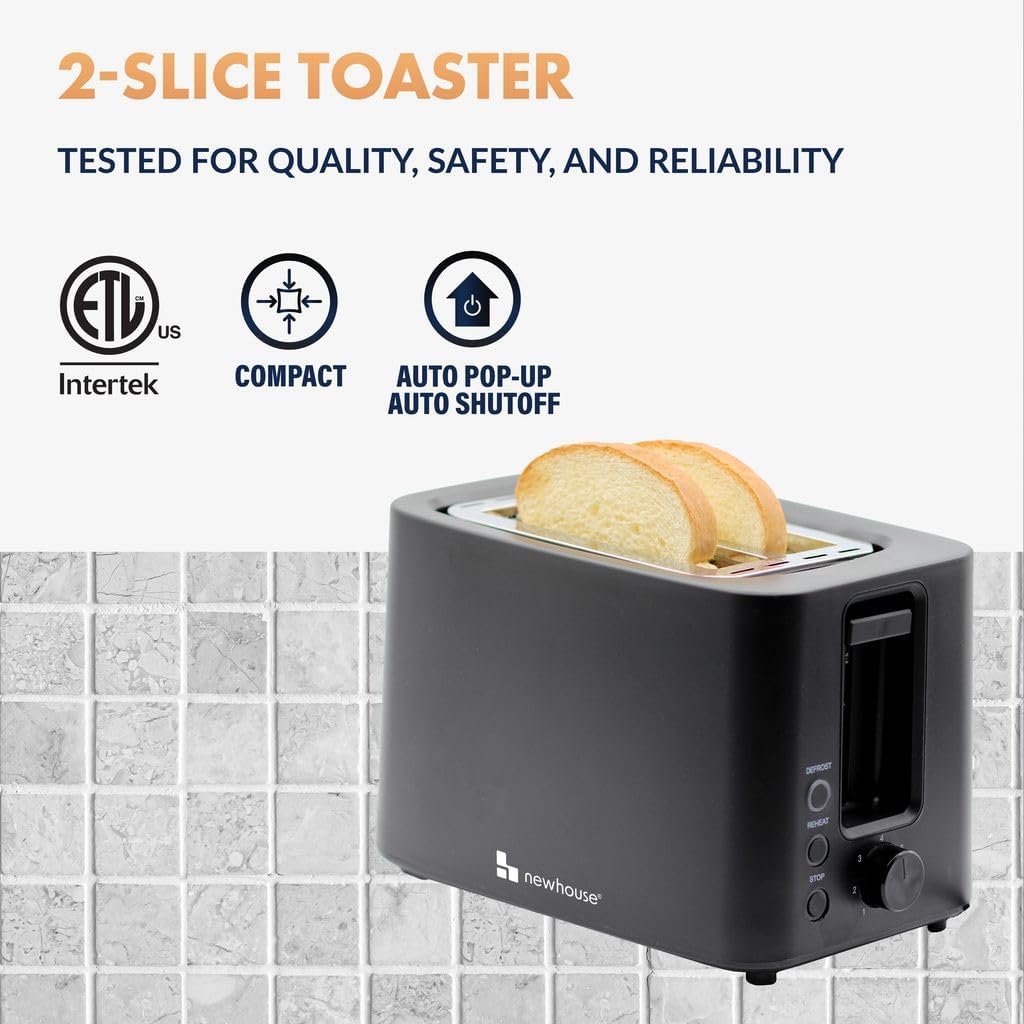 Newhouse 700W Black 2-Slice Toaster with Auto Pop-up and Auto Shut-off NHT-001-BLK, Cool-to-Touch Kitchen Appliance and Apartment Essential, Kitchen Countertop Staple for the Modern Home