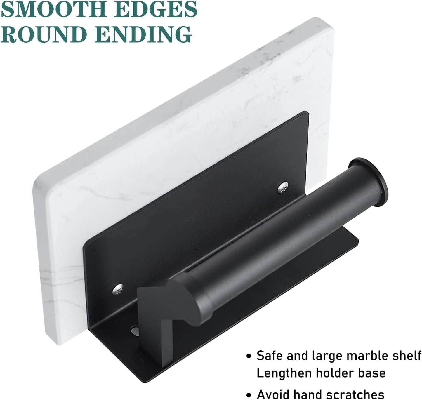 Hoimpro Matte Black Aluminum Toilet Paper Holder with White Natural Marble Shelf, Wall Mounted Tissue Hand Paper Roll Storage Holder for Bathroom Kitchen Washroom Bedroom